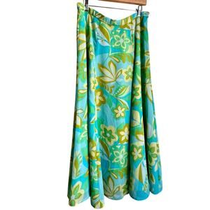 Vintage Coldwater Creek Blue Green Floral Midi Skirt A-Line Size L